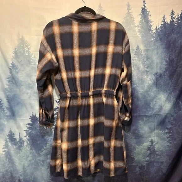 Blooming Jelly Plaid Flannel Shirt Dress With Puff Sleeves & Drawstring Waist S - Picture 7 of 7